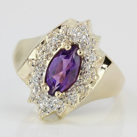 Vintage 10K Yellow Gold Marquise Amethyst & Diamond Anniversary / Cocktail Ring